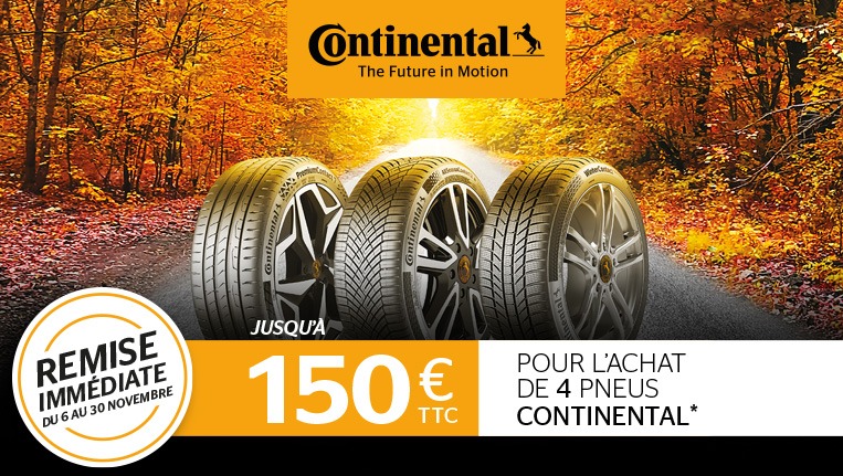 Promo pneus Continental. Jusqu’à 150€ de remise immédiate.